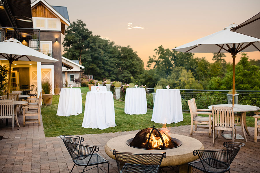 Fire pit and tables on patio